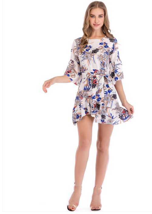 White & Blue Floral A Line Dress 